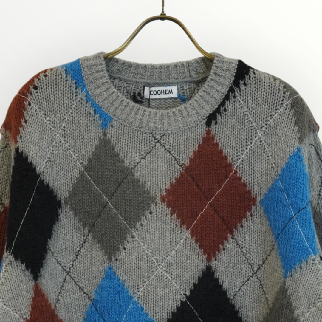 【COOHEM】STITCHED ARGYLE KNIT PULLOVER