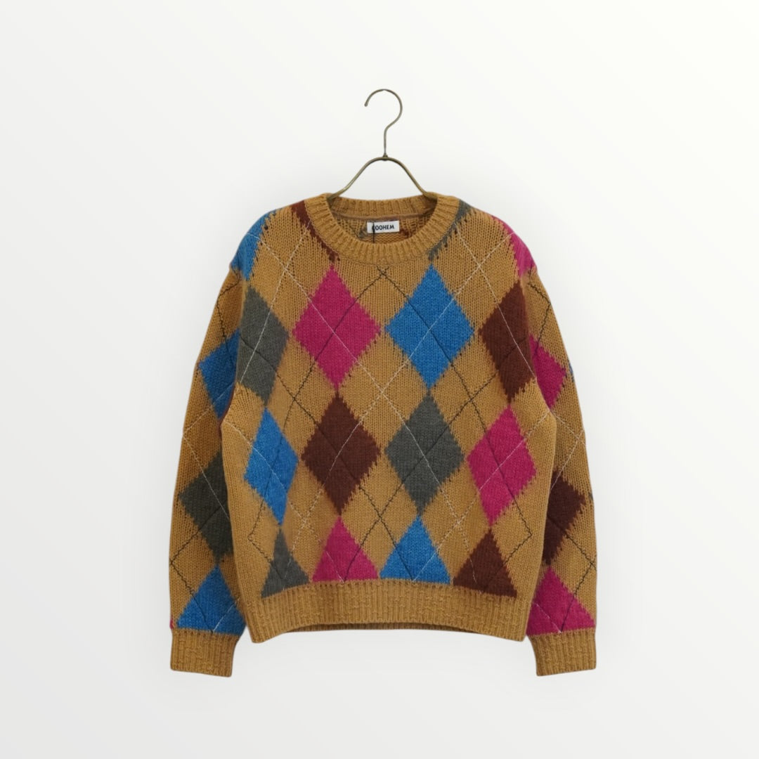 【COOHEM】STITCHED ARGYLE KNIT PULLOVER