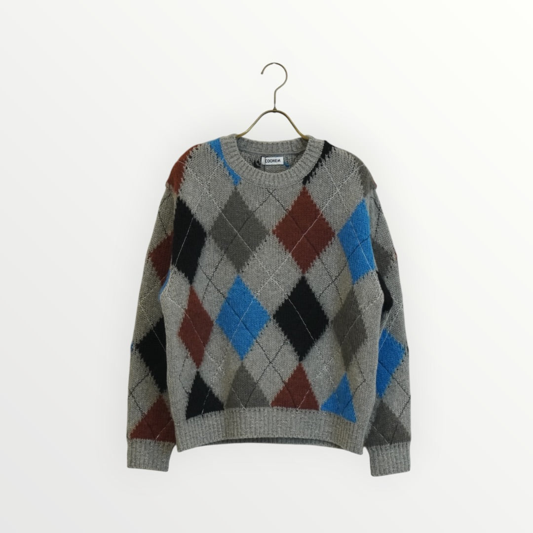 【COOHEM】STITCHED ARGYLE KNIT PULLOVER