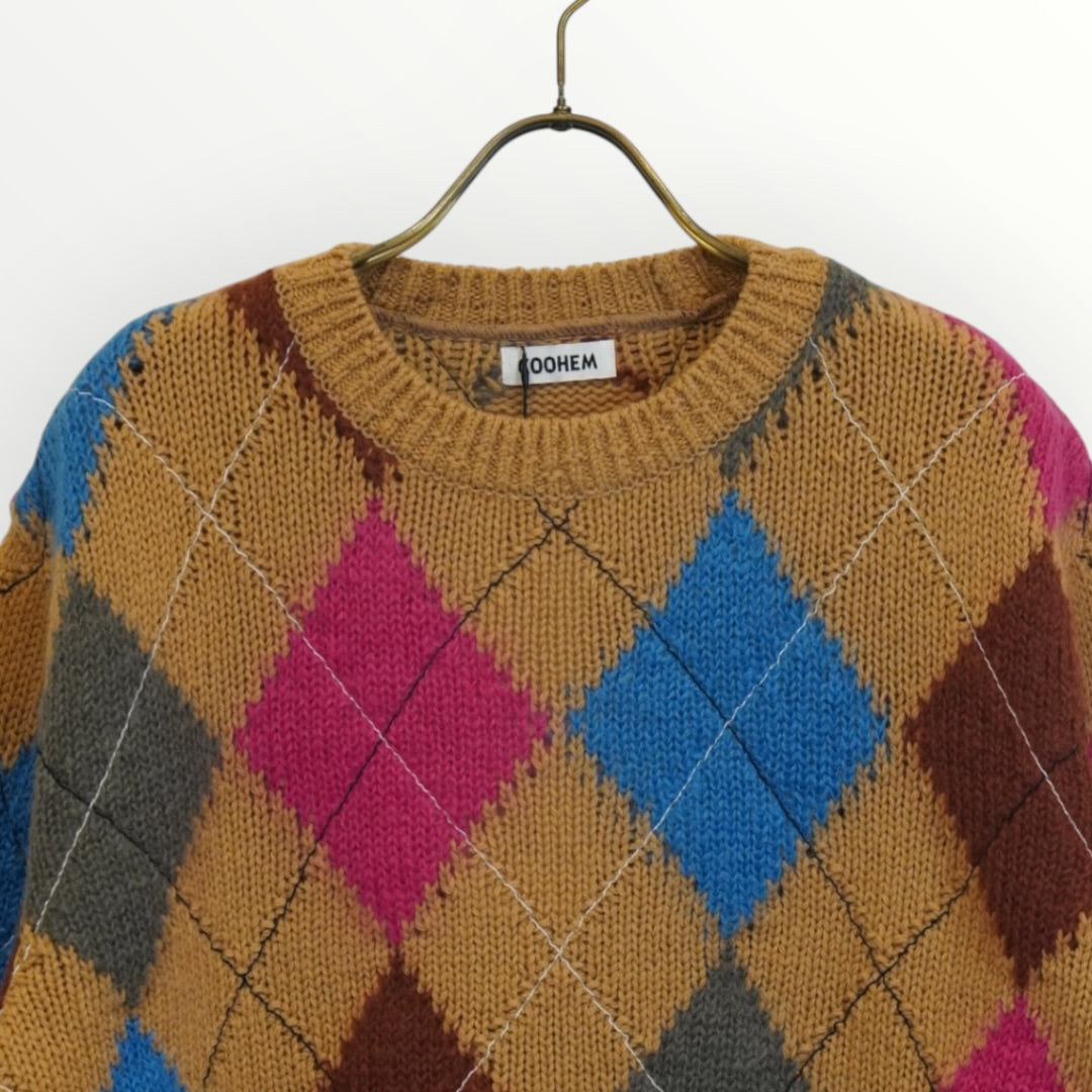 【COOHEM】STITCHED ARGYLE KNIT PULLOVER